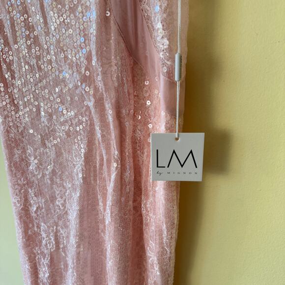LM by Mignon Blush Pink Sequin Gown with Sheer Straps Fitted Silhouette Size 10 - Picture 5 of 8